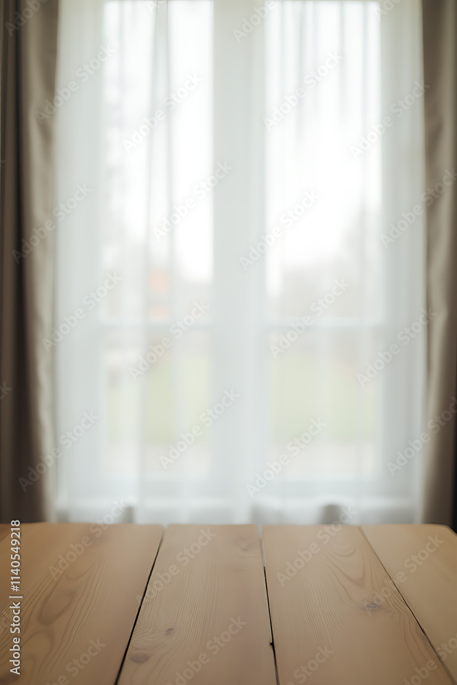 Poster A wooden table in a room with a blurred white curtain behind it, partially obstructing a view through a window._00004_