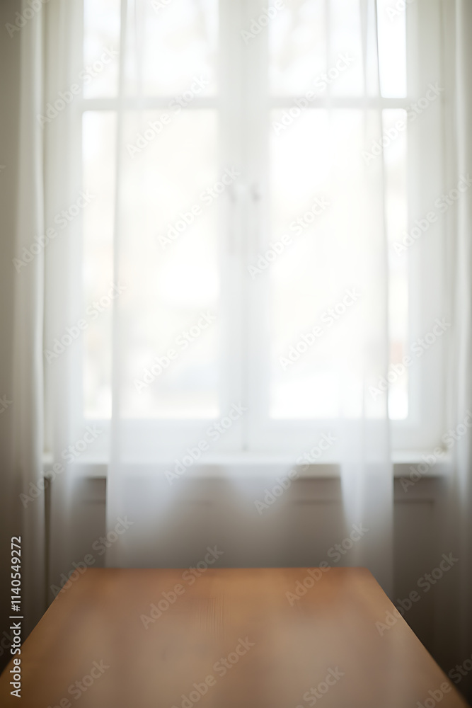 Poster A wooden table in a room with a blurred white curtain behind it, partially obstructing a view through a window._00003_