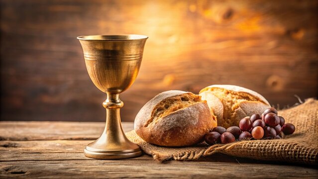 Still life Easter communion scene with wine and bread