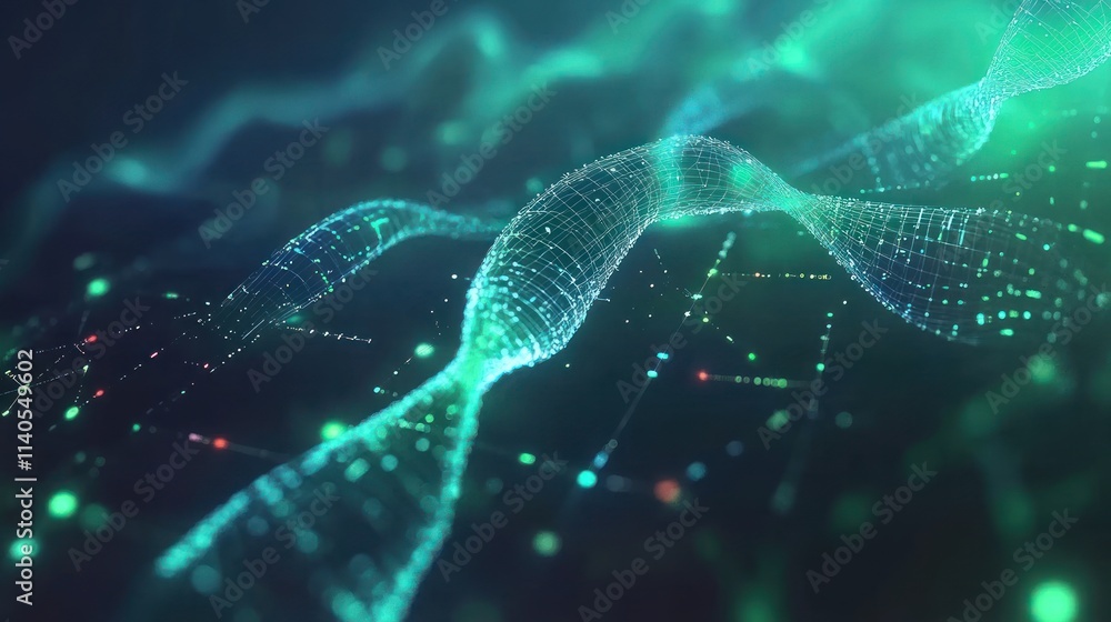 Poster abstract representation of dna strands with glowing particles and a digital aesthetic.