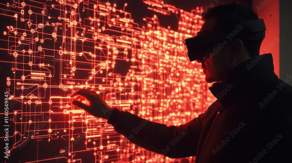 Aufkleber a person interacts with a glowing circuit-like wall using virtual reality technology.