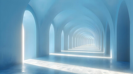 Obraz premium 3D Render of Blue Arched Corridor with Light