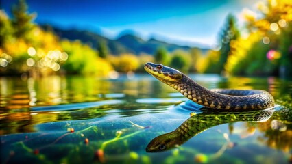 Obraz premium Miniature Water Moccasin by the Lake: Tilt-Shift Photography, Snake, Reptile, Wildlife, Nature