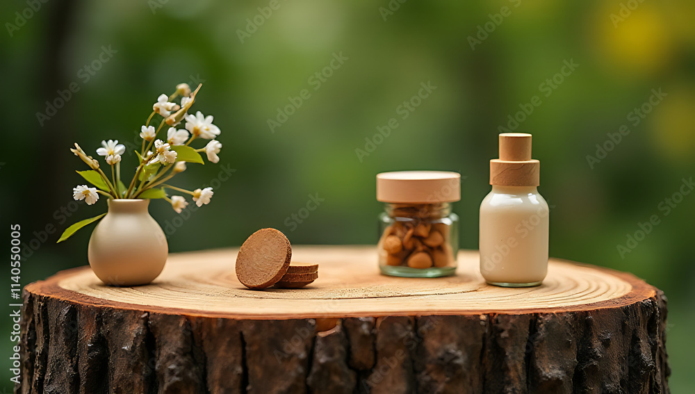 Aufkleber a wood tree stump can serve as a unique natural backdrop for displaying products with a rustic and e