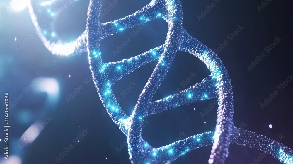 Poster a digital representation of a dna double helix with glowing elements.