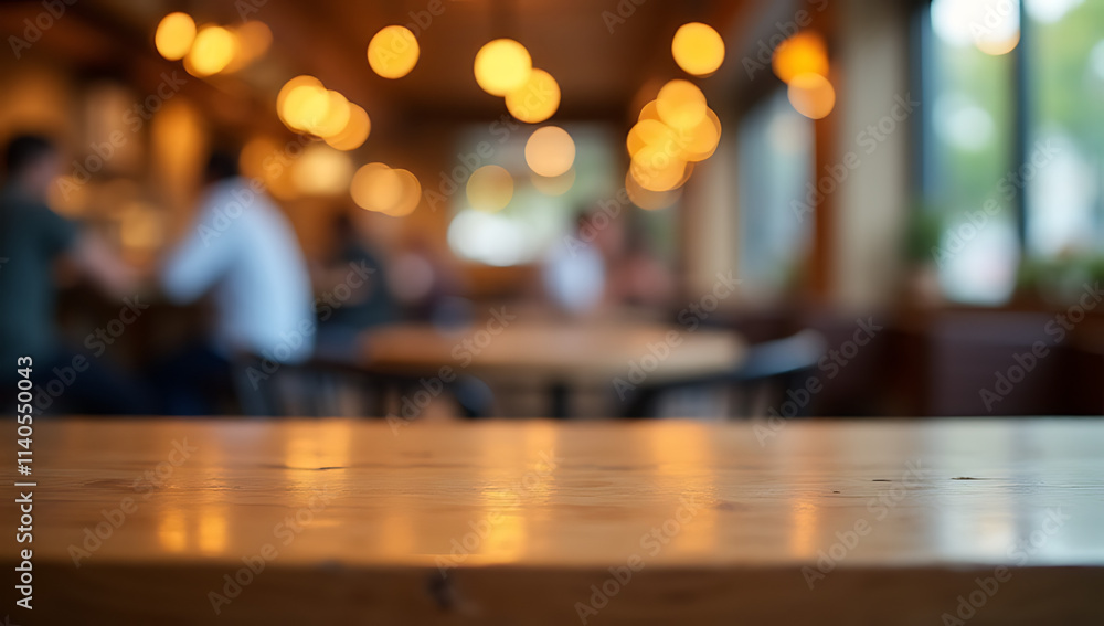 Poster a wood tabletop with a blurred colorful light bokeh effect in a busy cafe and restaurant setting._00