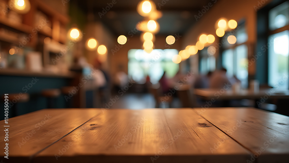 Poster a wood tabletop with a blurred colorful light bokeh effect in a busy cafe and restaurant setting._00