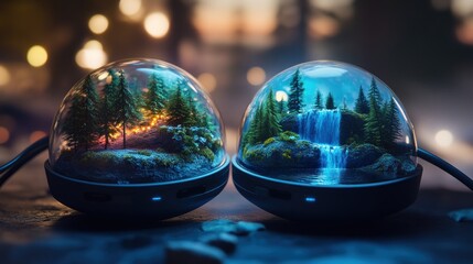 Two decorative globes showcase miniature landscapes with forests and waterfalls.