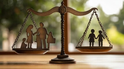 A balanced scale representing family and equality with figures of parents and children.