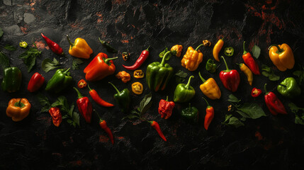 Top-down view of a colorful display of capsicum varieties including bell peppers, mini sweet peppers, and chili peppers on a dark textured background.