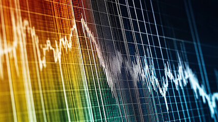 An abstract concept of financial growth, featuring colorful data graphs and glowing lines on a dark background. Represents stock market trends and analysis.