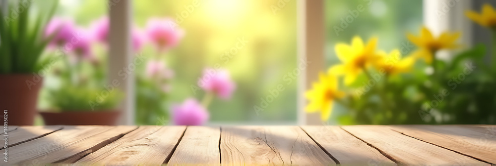 Poster a wood table top is set against a blurred window view of a garden with flowers in the morning sunlig