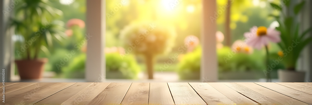Aufkleber a wood table top is set against a blurred window view of a garden with flowers in the morning sunlig