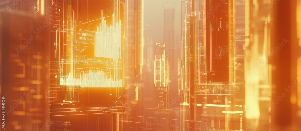 Poster futuristic cityscape with glowing data visualizations and digital elements.