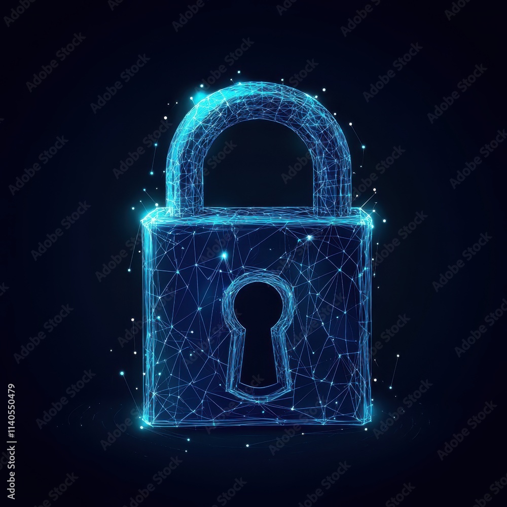 Poster a blue digital lock symbolizing security and encryption against a dark background.