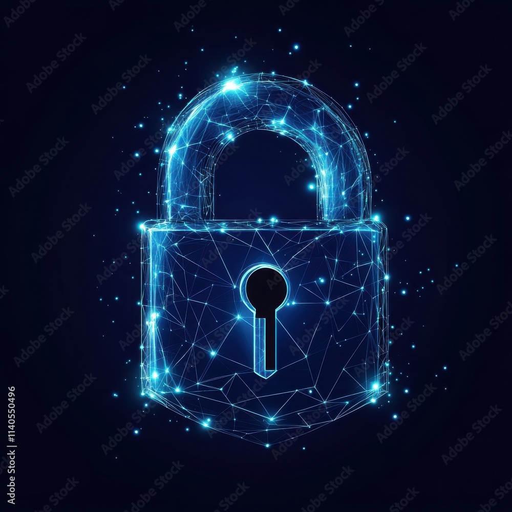 Poster a glowing digital lock symbolizing cybersecurity and data protection in a tech-inspired design.