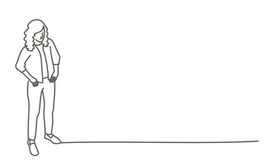 Confident girl put her hands on her belt. Hand drawn vector illustration. Black and white.