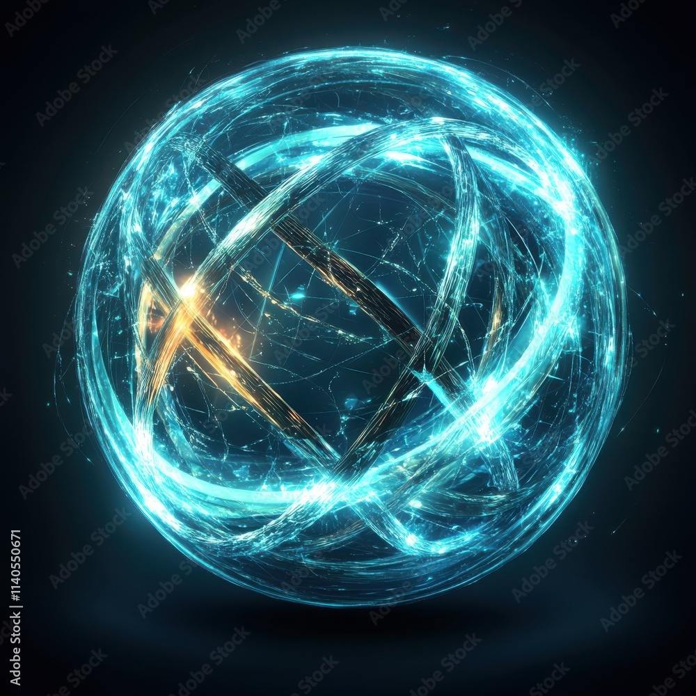 Poster an abstract glowing sphere with intricate light patterns, representing energy and technology.
