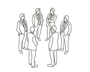 Team of colleagues business people standing together. Hand drawn vector illustration. Black and white.