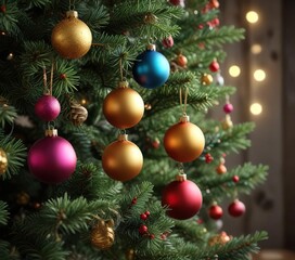 Fototapeta premium Colorful Ornaments Hanging from a Christmas Tree Branch , holiday decoration, christmas tree branches