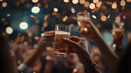 Lively party scene with friends raising glasses in a vibrant bar celebratory atmosphere social gathering nighttime viewpoint joyful concept
