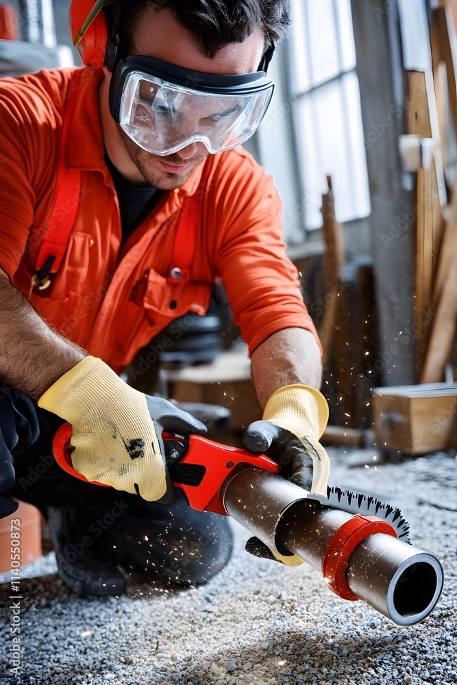 Poster a worker using a power tool to cut a pipe in a workshop, demonstrating craftsmanship and safety.