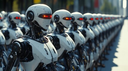 Fototapeta premium Row of humanoid robots standing in a futuristic formation