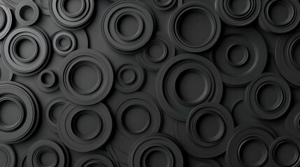 Abstract design featuring layered black circles on a textured background.