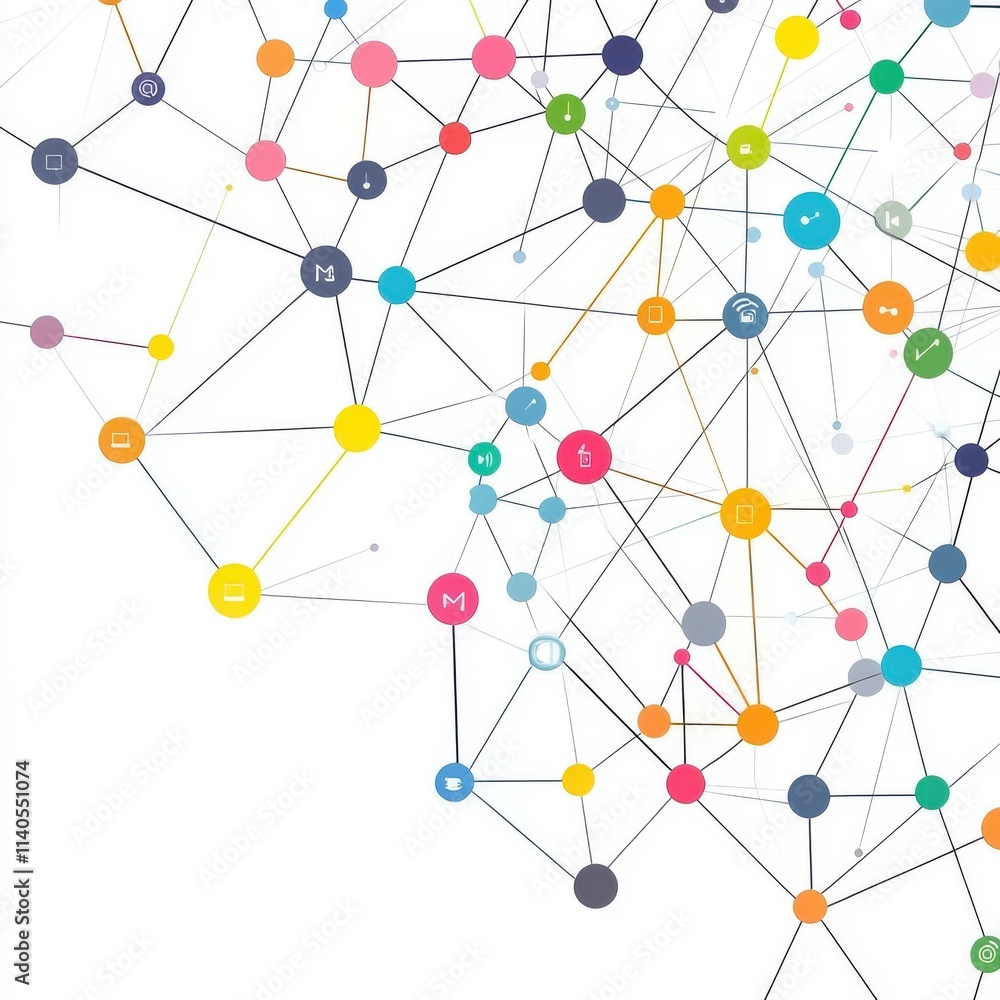 Poster abstract network connections with colorful nodes on a white background, representing technology and 