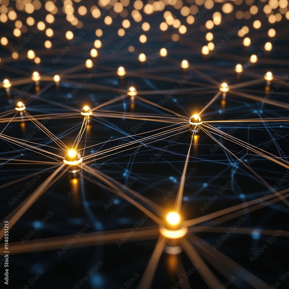 Poster a mesmerizing network of glowing connections, with bright nodes illuminating a dark background, crea
