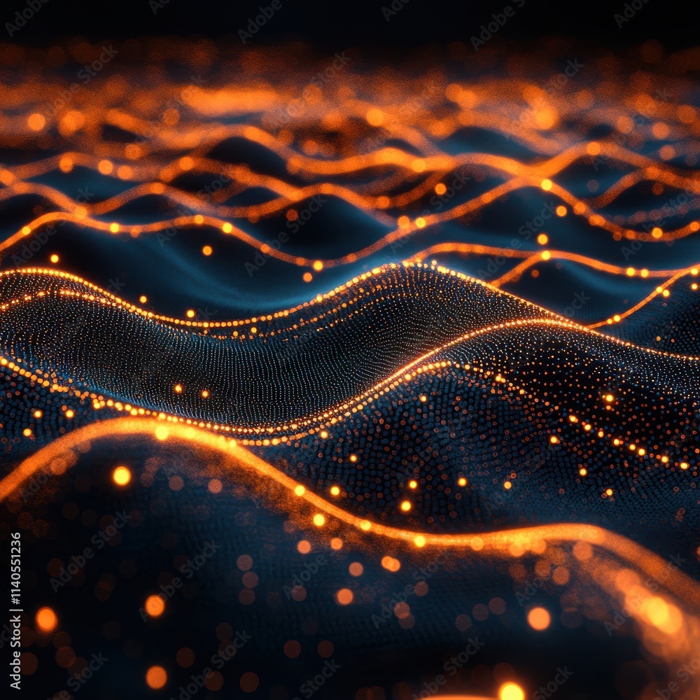 Poster Abstract waves of light and particles in vibrant orange and deep blue, creating a dynamic and mesmerizing visual effect.