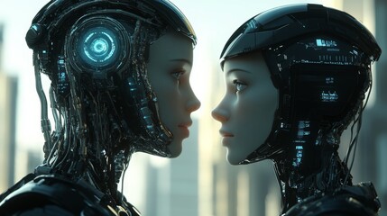 Two humanoid robots facing each other in a futuristic setting