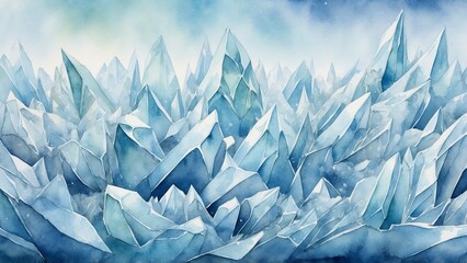 Obraz premium watercolor background, Stunning watercolor icy landscape with sharp crystal formations and cool blue tones in a serene setting