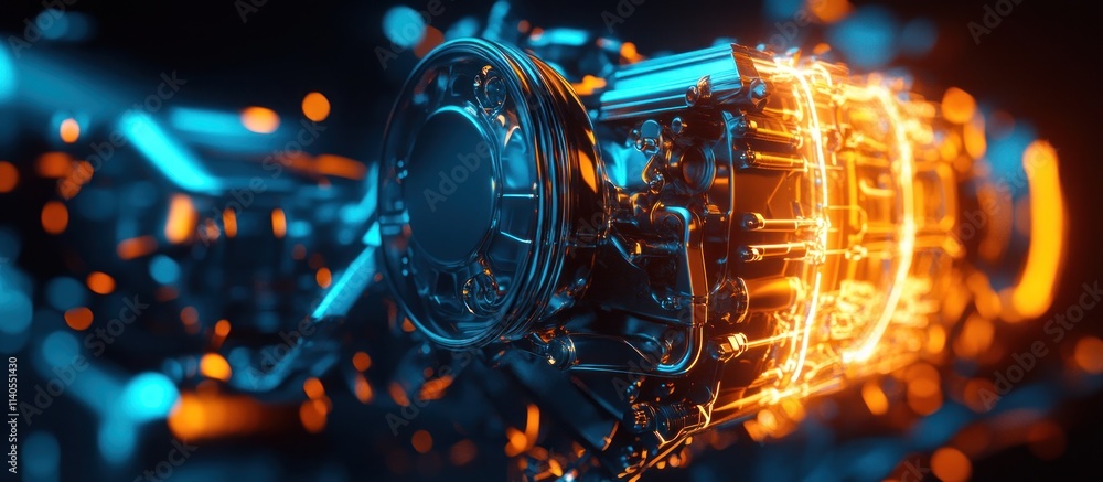Poster a futuristic engine component with glowing elements, showcasing advanced technology.