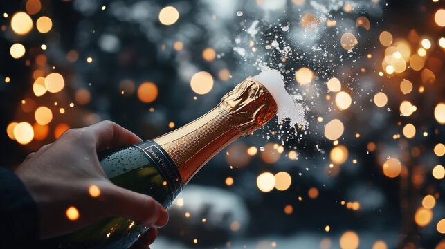 Celebratory champagne bottle popping festive event close-up sparkling environment dynamic viewpoint joyful moment