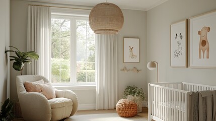 A cozy nursery featuring a crib, soft furnishings, and nature-inspired decor.