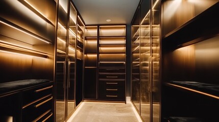 Fototapeta premium A modern, well-lit walk-in closet featuring sleek cabinetry and stylish lighting.