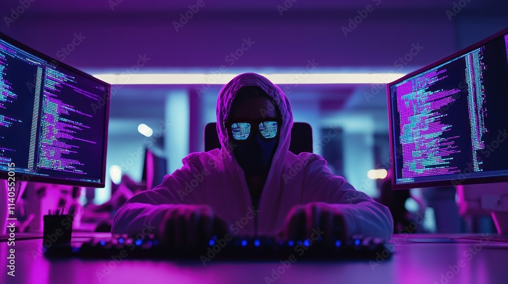Poster a hooded figure coding in a dark environment with glowing screens.