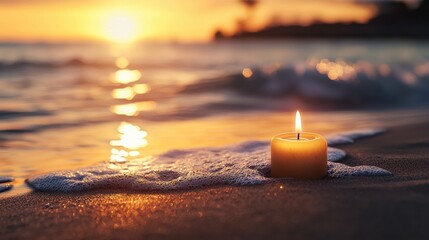 Tranquil sunset at serene beach candlelit ocean scene nature evening atmosphere close-up view peaceful concept