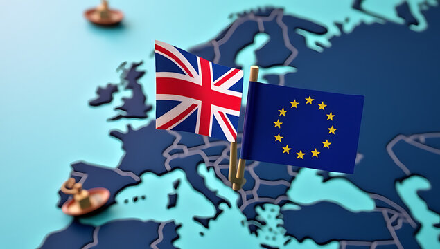 A UK flag with a Brexit message is placed near an EU flag on a map of Europe with a boat in the sea._00004_