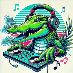 Colorful alligator DJ with headphones and turntable.