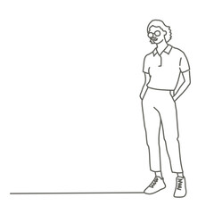 Woman in a white shirt stands in front of a white background. She is wearing glasses and has her hands in her pockets. Hand drawn vector illustration. Black and white.