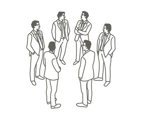 Group of business people are standing in a circle. Hand drawn vector illustration. Black and white.