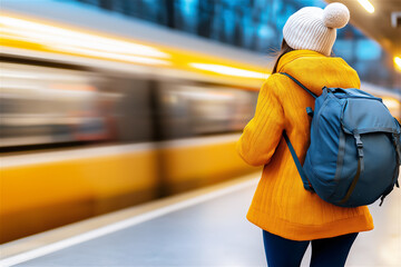 A blurred yellow train speeding through the station, with dynamic motion conveying urban life and fast-paced travel.