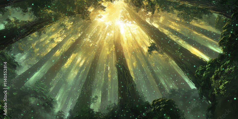 Poster a serene forest scene with sun rays filtering through tall trees and glowing particles, creating a m