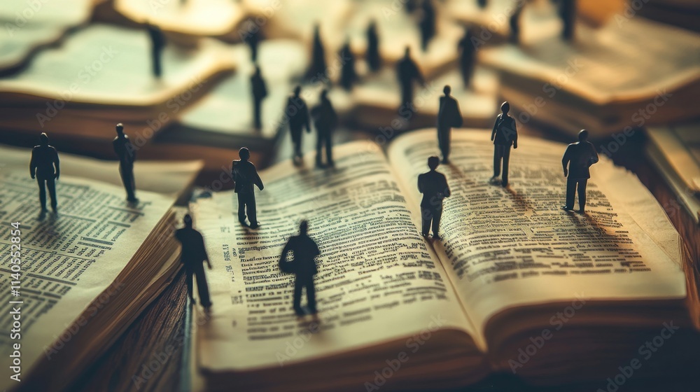 Poster a surreal scene of miniature figures standing on open books, symbolizing knowledge and exploration.