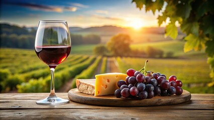 Still life with red wine glass, cheese, grapes on countryside background