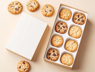 Cookie box mockup with a blank matte finish, styled with assorted cookies on a warm beige background