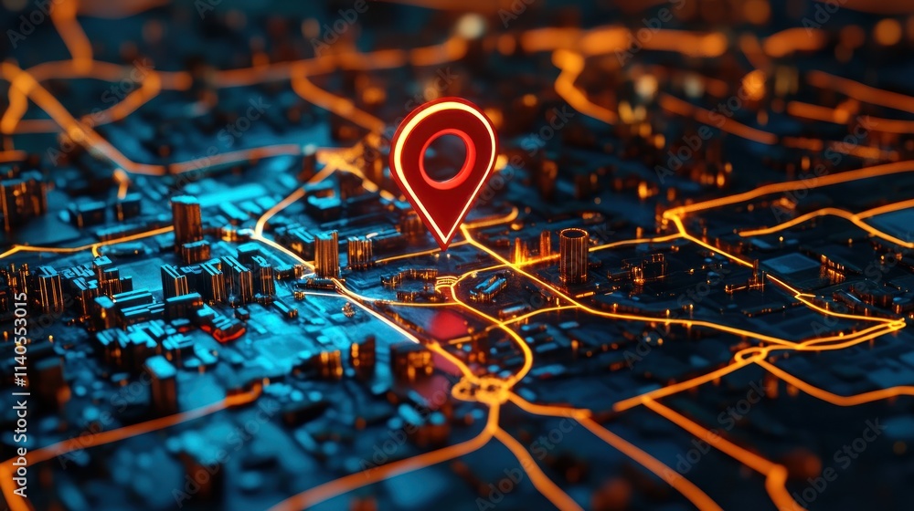 Poster a digital map view highlighting a location with a pin marker and illuminated streets.