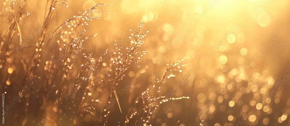 Poster sunlit grass with sparkling dew, creating a serene, tranquil atmosphere.